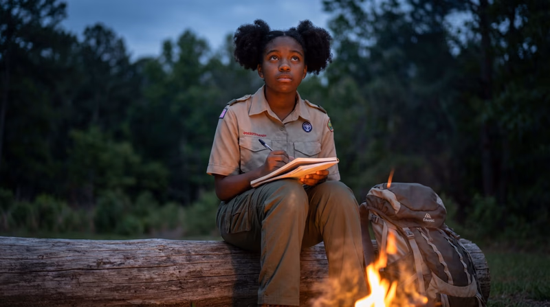 A Scout sitting near a campfire writing in a journal, looking thoughtful and calm