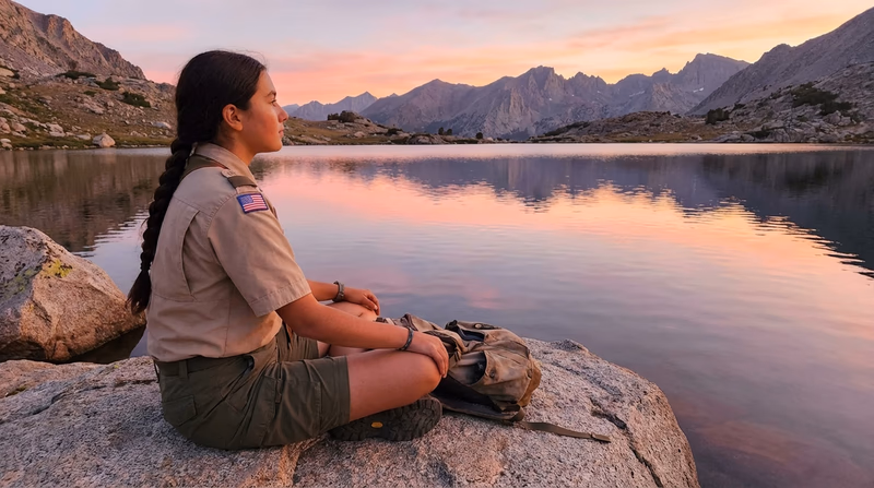 A Scout sitting quietly on a rock beside a calm mountain lake at dawn, looking reflective and peaceful