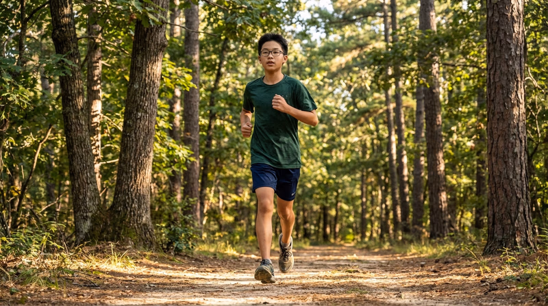 A Scout running along a wooded trail with good form, looking energetic and focused