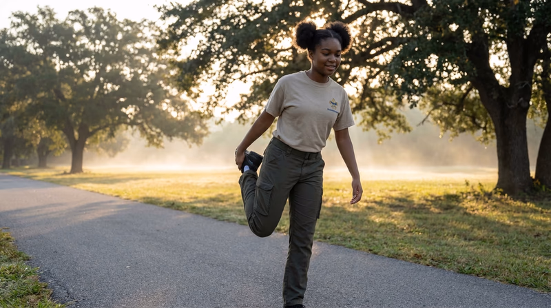 A Scout stretching outdoors at sunrise, preparing for a morning workout with a park trail in the background