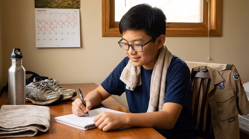 A Scout at a desk writing in a fitness log after a workout, with a water bottle and towel nearby, looking satisfied
