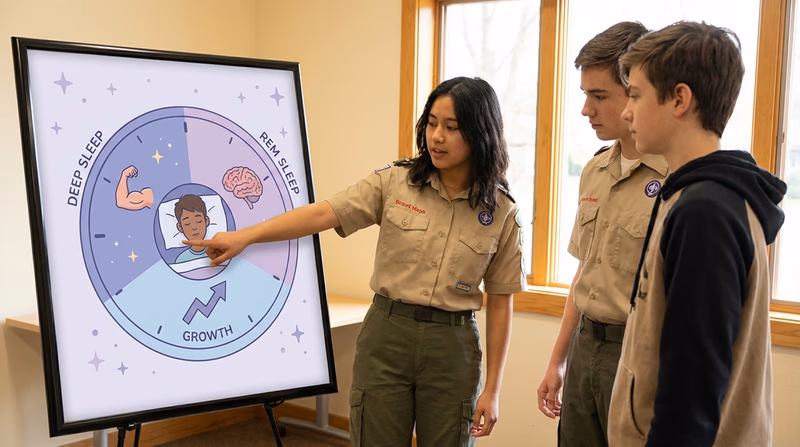 A friendly illustrated diagram showing the stages of sleep with icons for muscle repair, memory consolidation, and hormone release