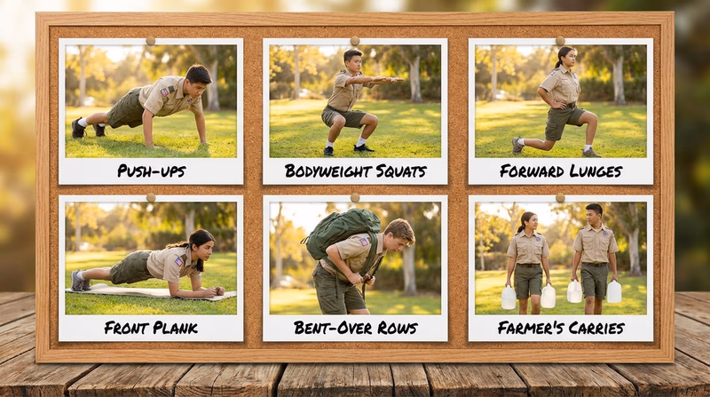 A grid of six illustrated exercises showing proper form: push-ups, squats, lunges, planks, rows with a backpack, and farmer's carries