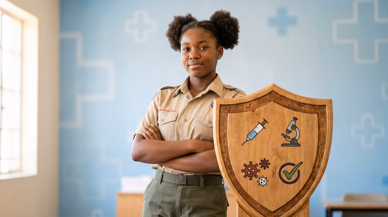 An illustrated shield with icons representing different diseases that vaccines protect against, with a Scout standing behind the shield looking confident