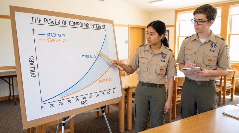 A chart showing two growth curves — one starting at age 15 and one starting at age 25 — both investing $25/month, demonstrating how the earlier start results in dramatically more money by age 65