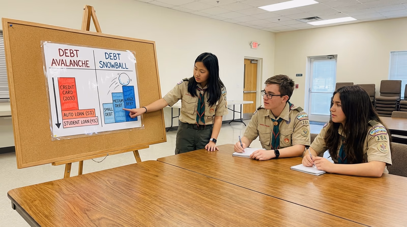 A side-by-side illustration showing the Debt Avalanche and the Debt Snowball debt payoff strategies, with arrows showing payment flow