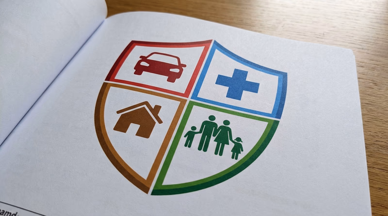 An illustrated shield divided into four quadrants, each containing an icon representing a type of insurance: a car, a medical cross, a house, and a family