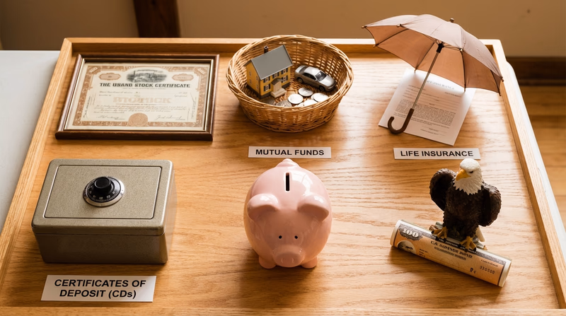 An illustrated lineup of six icons representing different investment types: a stock certificate, a basket of mixed investments for mutual funds, an umbrella for insurance, a locked safe for CDs, a piggy bank for savings, and an eagle for U.S. savings bonds