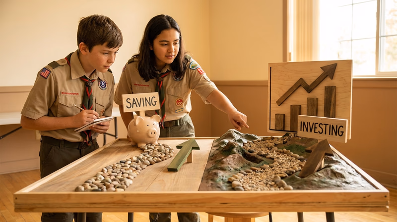 A split illustration showing a savings account represented by a secure piggy bank with a small growth arrow on one side and investments represented by a rising stock chart with ups and downs on the other side