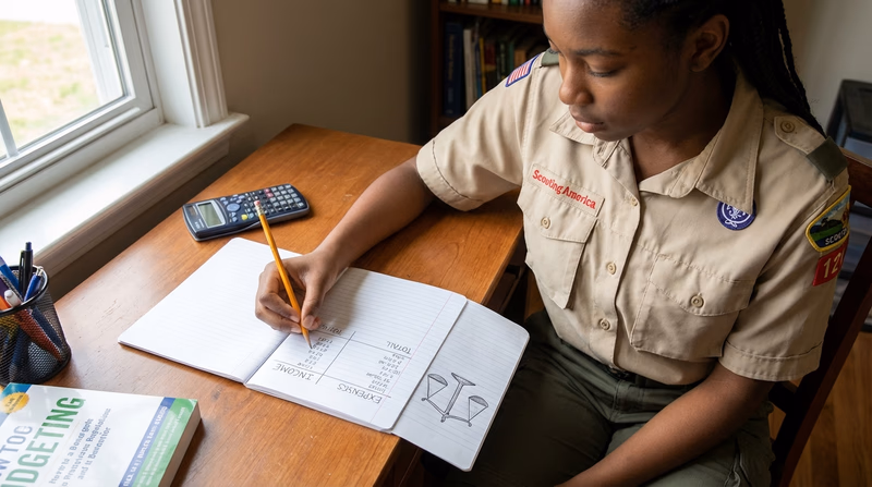 A Scout looking at a notebook with two columns comparing income and expenses, using a pencil to make adjustments, with a balanced scale illustration in the margin