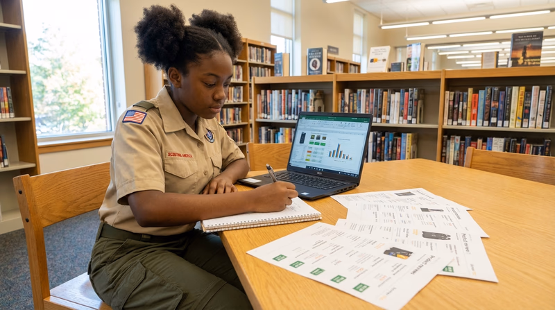 A Scout at a library table with a laptop open showing product comparison charts, with a notepad where they are writing down prices from different sources