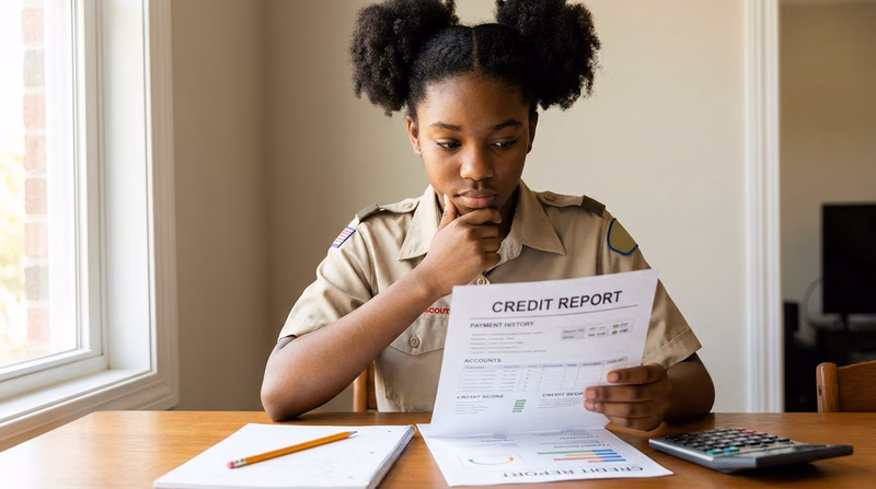 A Scout looking at a document labeled Credit Report with a magnifying glass, with sections highlighted showing payment history, accounts, and credit score