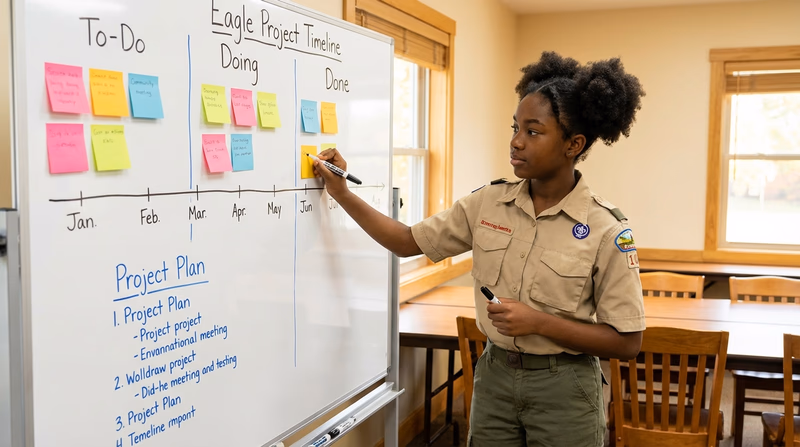 A Scout standing in front of a whiteboard covered with sticky notes, timelines, and a project plan outline, with a marker in hand, looking focused and organized
