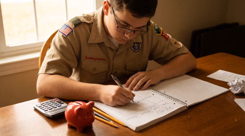 A Scout writing in a notebook at a desk, creating a savings plan with a chart showing weekly savings targets and a goal amount circled at the top