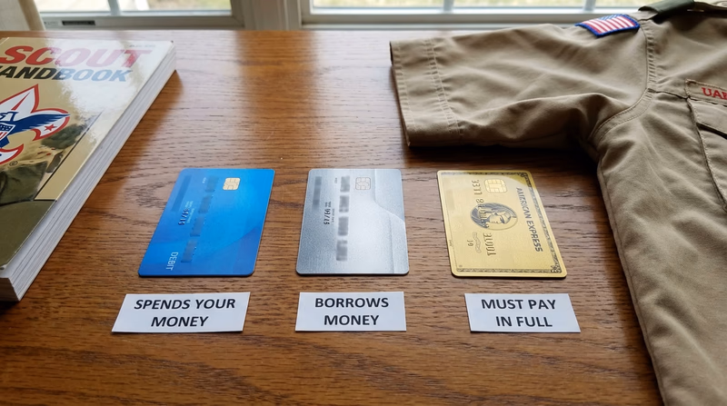 Three cards side by side — a debit card, credit card, and charge card — each with a brief label underneath highlighting their key difference