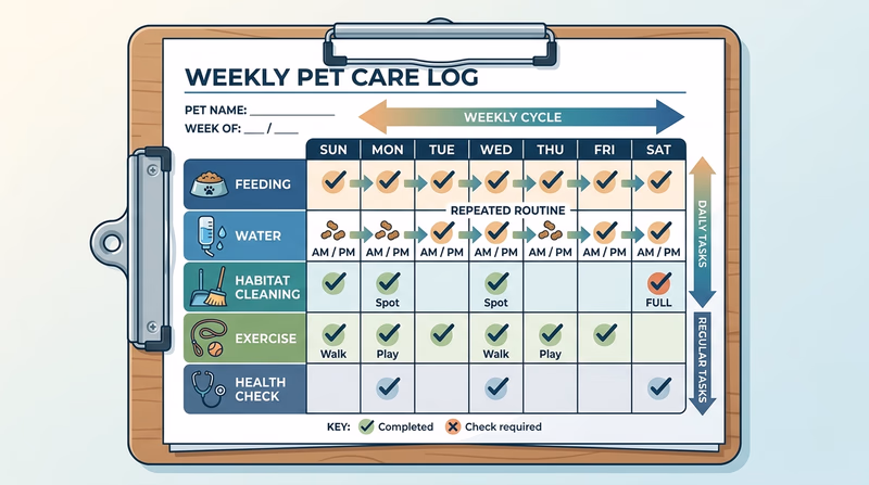 Sample weekly pet care log showing feeding, cleaning, exercise, and health-check entries across several days