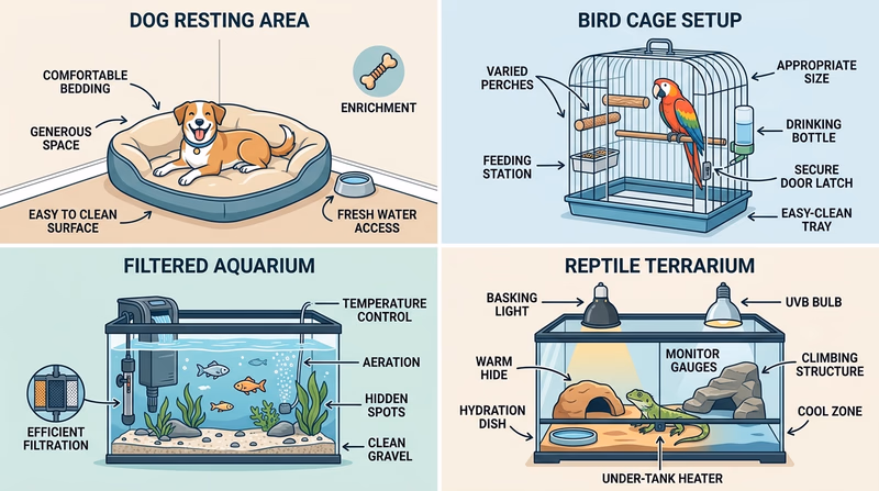Comparison grid showing proper housing basics for a dog, bird, fish, and reptile