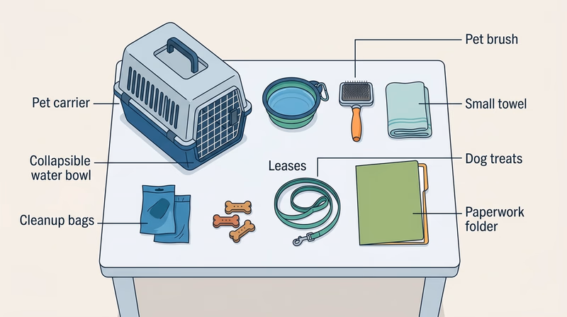 Labeled pet show prep kit with carrier, water bowl, brush, treats, cleanup supplies, and paperwork