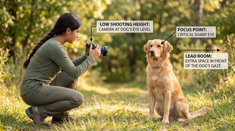Annotated photo showing a Scout crouching to photograph a dog from the dog's eye level