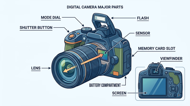Diagram of a digital camera with major parts labeled, including lens, shutter button, mode dial, flash, sensor, memory card slot, and screen