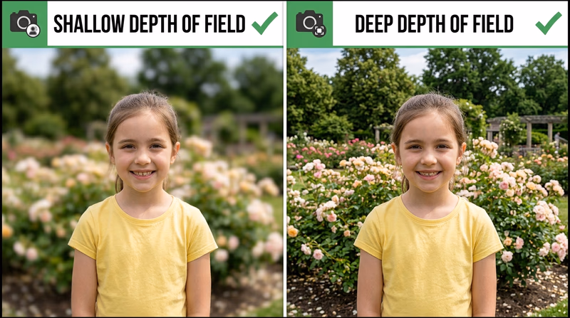 Side-by-side comparison of the same subject with shallow depth of field and deep depth of field