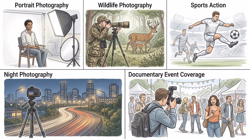 Illustrated collage showing portrait, wildlife, sports, night, and documentary photography side by side