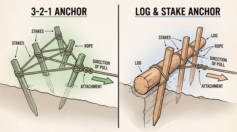 Diagram comparing a 3-2-1 anchoring system and a log-and-stake anchoring system with arrows showing direction of pull