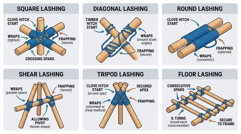 Six-panel comparison of square, diagonal, round, shear, tripod, and floor lashings with labeled use cases