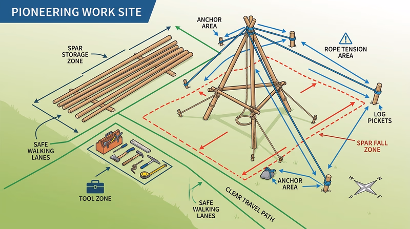 Camp pioneering layout labeled with spar fall zones, rope tension areas, anchor areas, and walking lanes