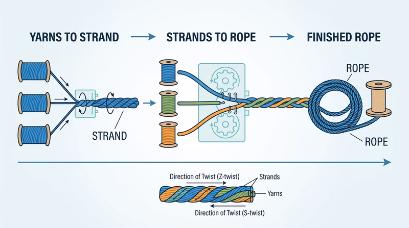 Step-by-step diagram showing yarns twisting into strands and three strands laying into a finished rope on a rope-making machine