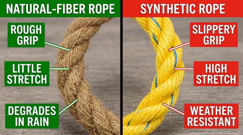 Side-by-side comparison of natural-fiber and synthetic rope with labels for grip, stretch, weather resistance, and common pioneering uses