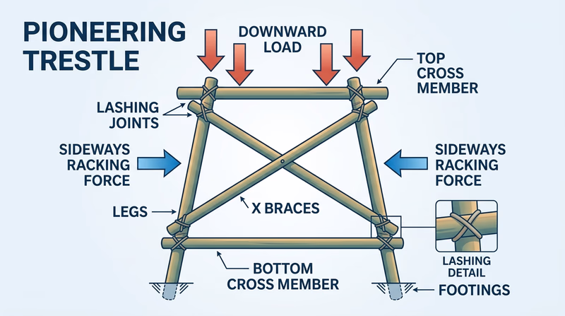 Trestle diagram showing legs, cross members, X braces, and arrows for downward and sideways forces