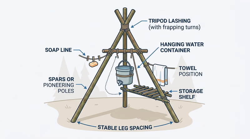 Tripod wash station with labeled tripod lashing, hanging water container, soap line, and towel position