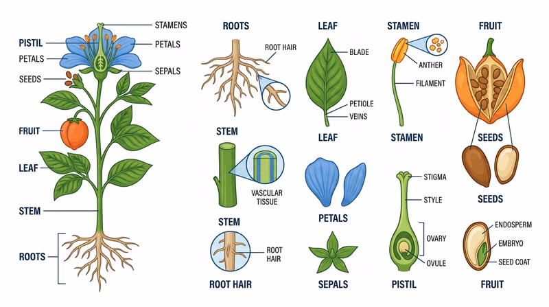 Dissected flowering plant with roots, stem, leaf, petals, sepals, stamens, pistil, fruit, and seeds clearly labeled