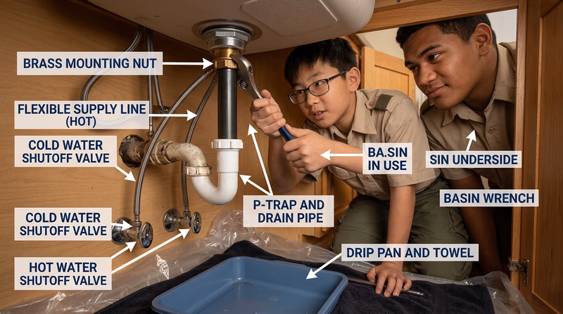 Under-sink view of faucet replacement showing supply shutoffs, basin wrench, supply lines, and mounting hardware