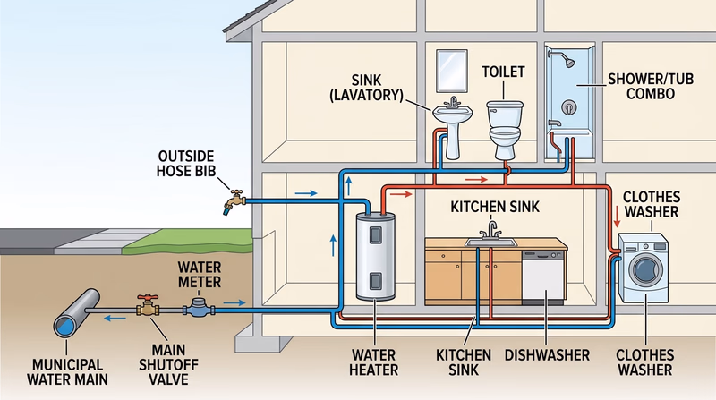 Simple labeled diagram showing water entry, shutoff, water meter, water heater, hot branches, cold branches, and fixture shutoffs