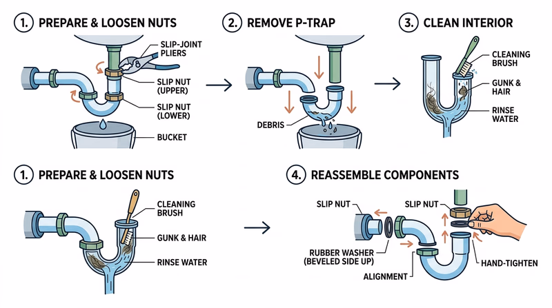 Step-by-step sink trap removal and reinstallation with bucket, slip nuts, washers, and cleaned trap pieces labeled
