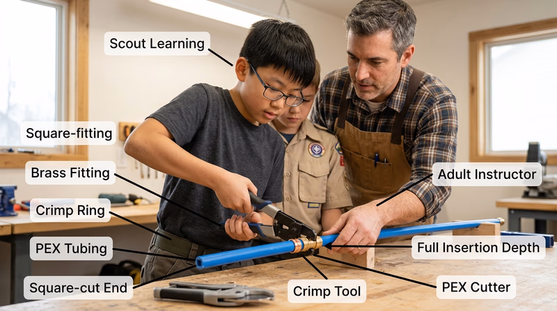 Close-up of a Scout and adult making a PEX connection with labeled tubing cutter, crimp ring, fitting, and crimp tool