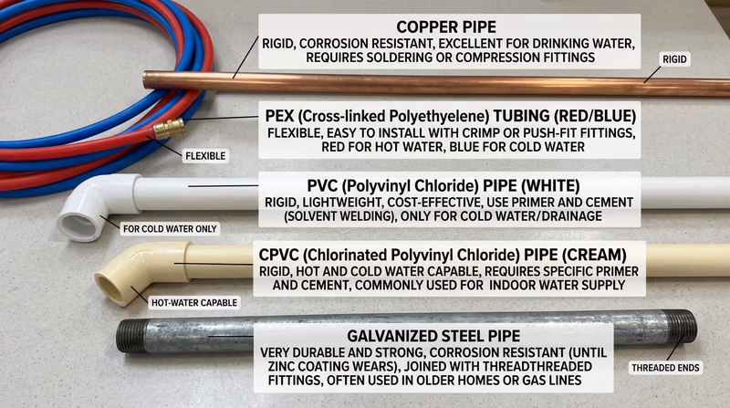 Side-by-side labeled samples of copper, PEX, PVC, CPVC, and steel pipe with short notes on common uses