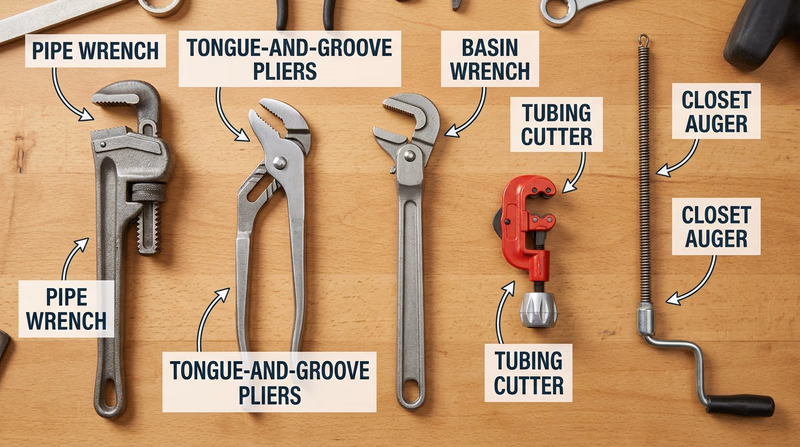 Five labeled plumbing hand tools laid out on a workbench: pipe wrench, tongue-and-groove pliers, basin wrench, tubing cutter, and closet auger