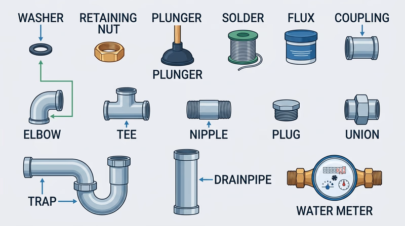 Labeled board showing common plumbing fittings and parts including elbow, tee, coupling, union, plug, trap, washer, retaining nut, plunger, and water meter