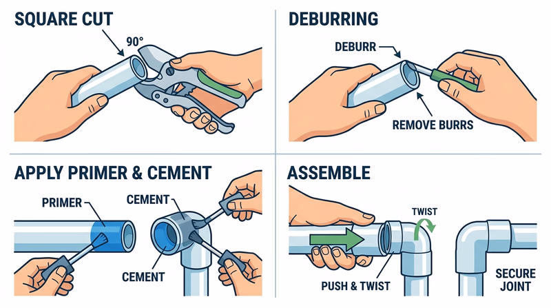 Step-by-step sequence showing square cut pipe, deburring, primer application, cement application, and assembly with coupling tee and elbow