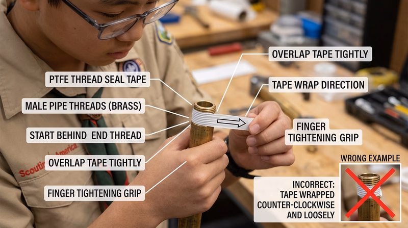 Close-up of correct thread tape application on male pipe threads with arrows showing wrap direction and tidy coverage