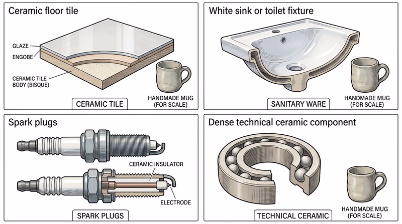 A four-part illustration comparing floor tile, a sink fixture, spark plugs, and a technical ceramic part with a handmade mug for scale