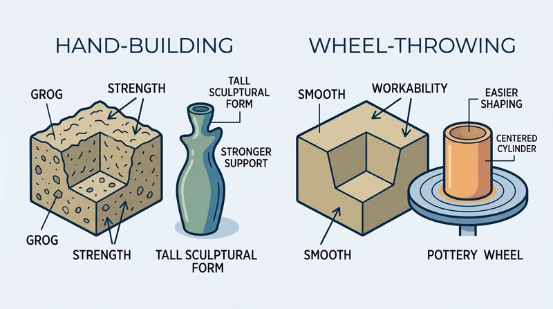 A side-by-side diagram comparing rougher groggy hand-building clay with smoother wheel-throwing clay and their matching uses