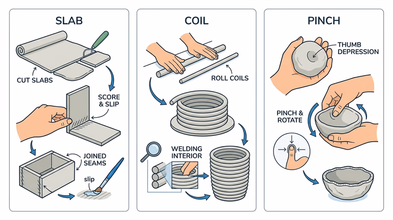 A three-panel diagram showing slab, coil, and pinch hand-building methods side by side