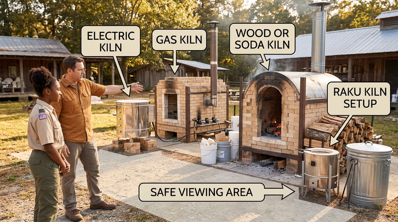 An outdoor kiln yard showing electric, gas, wood or soda, and raku kilns with a safe observation area marked for visitors