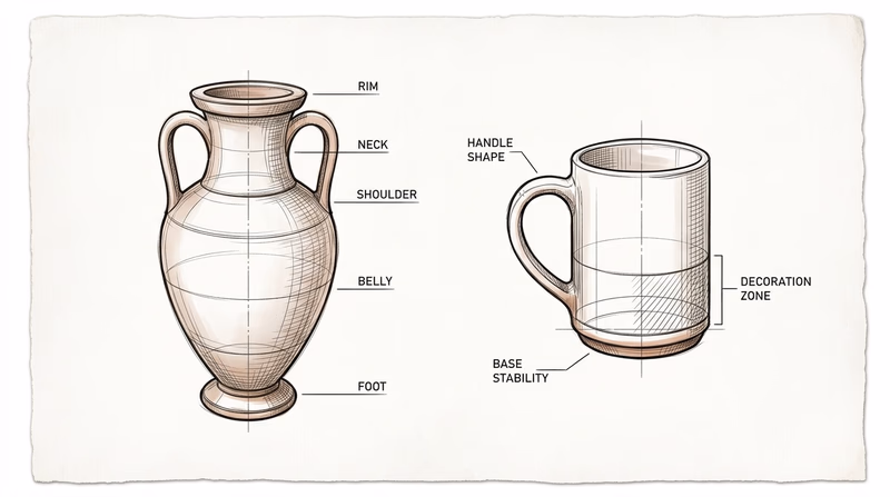 Two pottery concept sketches, one historical and one original, labeled to show parts such as rim, shoulder, handle, and foot