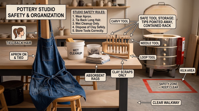 A realistic pottery studio worktable arranged for safe use, with wet-cleanup tools, safely stored carving tools, tied-back hair, and a clear safety zone around a kiln