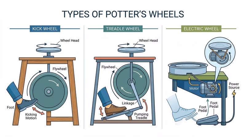 A three-part diagram comparing kick, treadle, and electric potter's wheels and how each one drives the wheel head